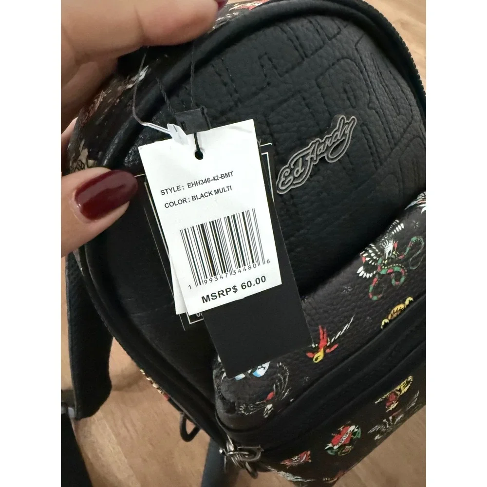 Ed Hardy Black Multi Tattoo Print Sling Bag Backpack Crossbody New NWT